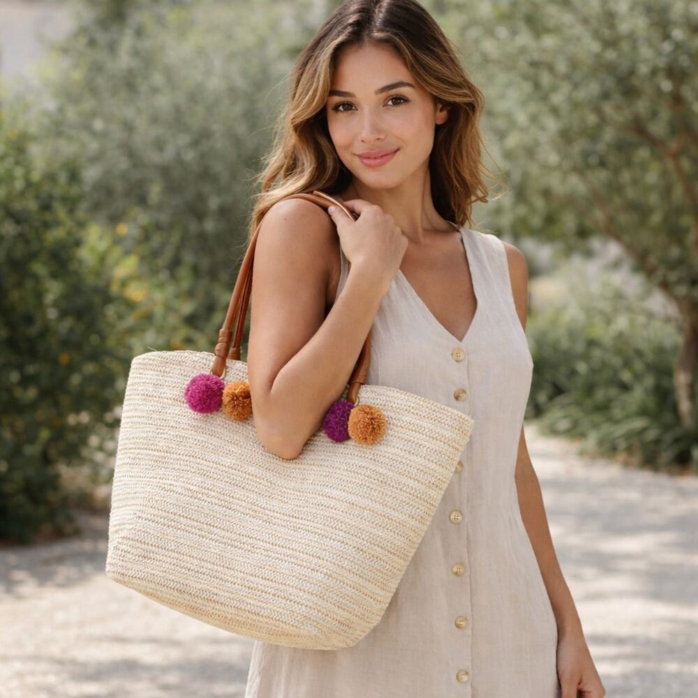 Vtg Red Camel Bag Tote Bags Purse Woven Straw Beach Pom Pom Lagenlook NWT Pool - Picture 1 of 12